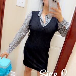 AUW Black Knit Dress with Checkered Long Sleeve